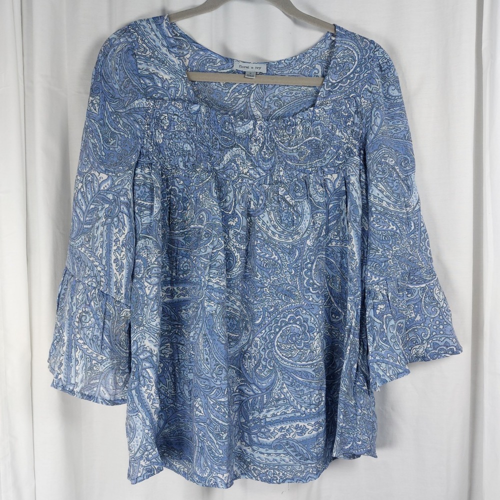 Floral and Ivy‎ Paisley Floral Flowy Gauzy Blouse Blue Womens Sz Sm Bell Smocked